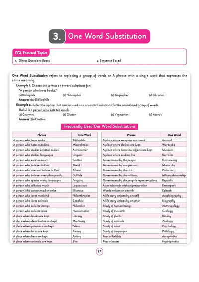 Chapter 3 One Word Substitution textbook page from Arihant SSC CGL Tier 1 and 2 English Language and Comprehension Capsule Pro Notes showing CGL Focused direct and sentence based question examples with a frequently used phrase meaning table