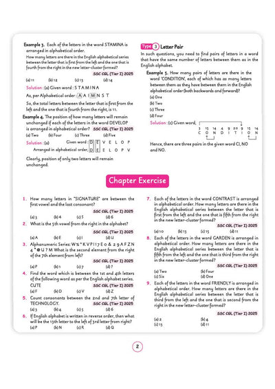 Chapter 1 English Alphabet Test textbook page from Arihant SSC CGL Tier 1 and 2 General Intelligence and Reasoning Capsule Pro Notes detailing alphabet positions, rule conditions, and middle letter formula tips with SSC CGL Tier I 2025 question examples