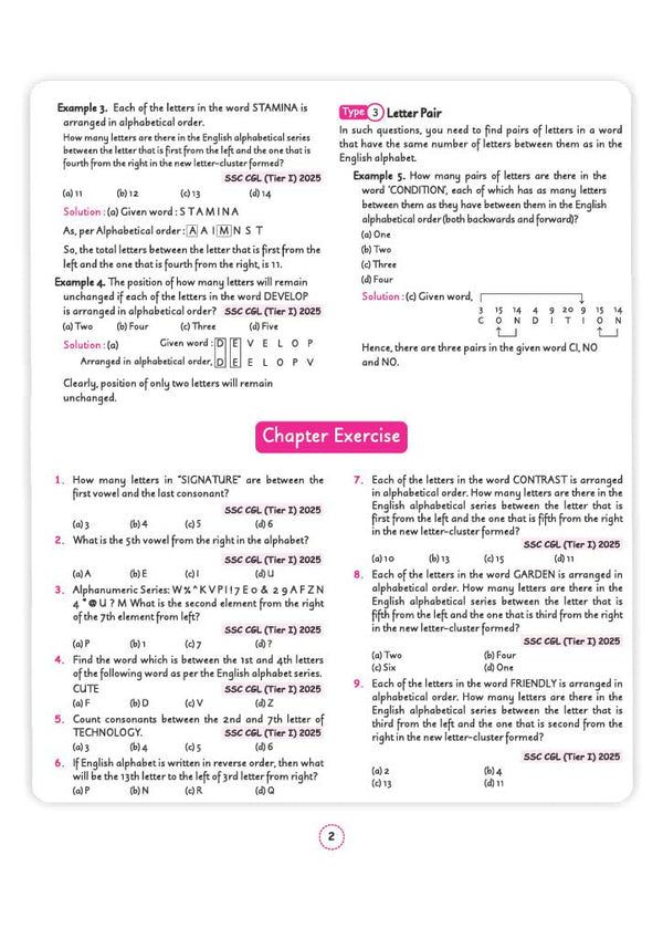 Chapter 1 English Alphabet Test textbook page from Arihant SSC CGL Tier 1 and 2 General Intelligence and Reasoning Capsule Pro Notes detailing alphabet positions, rule conditions, and middle letter formula tips with SSC CGL Tier I 2025 question examples