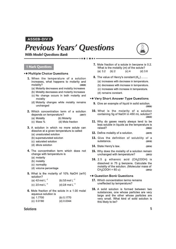Exam Master Chemistry Class 12 for ASSEB Division-II Exam 2027 | Chapterwise & Topicwise Coverage of Complete Syllabus, Board Questions (2026–2009), Model Question Bank Solutions & Sample Papers