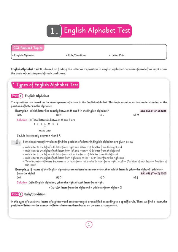 Chapter 1 English Alphabet Test textbook page from Arihant SSC CGL Tier 1 and 2 General Intelligence and Reasoning Capsule Pro Notes detailing alphabet positions, rule conditions, and middle letter formula tips with SSC CGL Tier I 2025 question examples