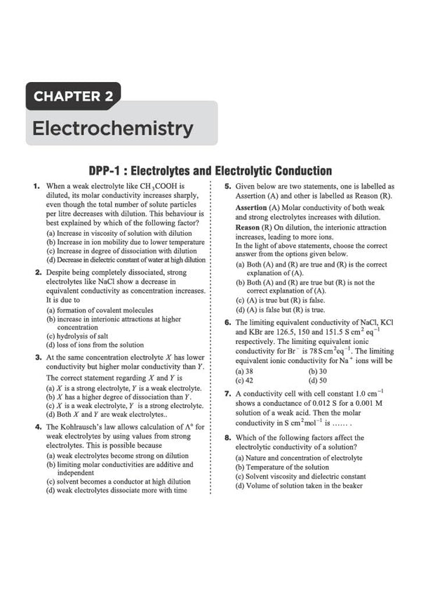 Chapter 2 Electrochemistry textbook page from Arihant Prep Master JEE Main and Advanced Chemistry Class 12 displaying DPP-1 on Electrolytes and Electrolytic Conduction featuring multiple-choice conceptual questions, Kohlrausch law problems, assertion-reasoning, and molar conductivity numerical calculations