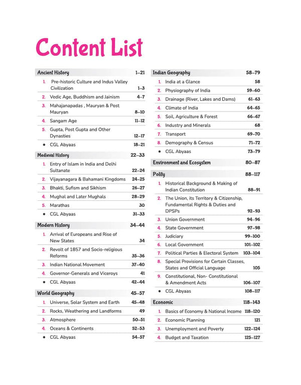 Table of Contents TOC page from Arihant SSC CGL Tier 1 and 2 General Awareness Capsule Pro Notes textbook showing a comprehensive 10-section syllabus index spanning Ancient, Medieval, and Modern History, Geography, Polity, Economics, and CGL Abyaas practice units with Solved Papers 2025
