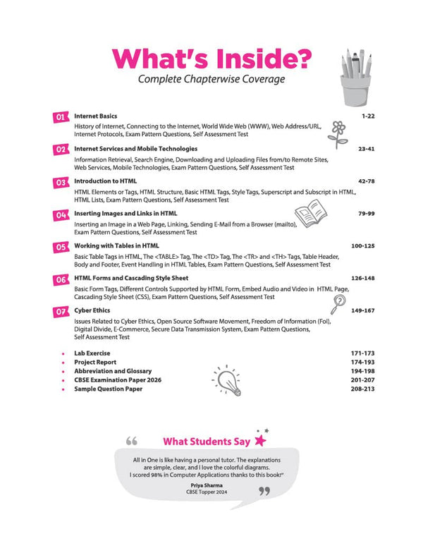 Table of contents from Arihant All in One Computer Applications Class 10 textbook showing chapterwise index from Internet Basics to Cyber Ethics along with Lab Exercises and Sample Papers for CBSE Exam 2026-27