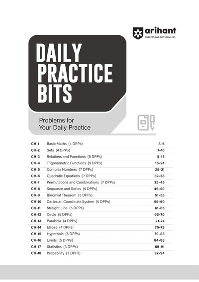 Table of Contents Daily Practice Bits index page from Arihant Prep Master JEE Main and Advanced Mathematics Class 11 textbook detailing a comprehensive 18-chapter syllabus tracking algebra, trigonometry, coordinate geometry, calculus limits, and statistics with specific DPP paper distributions per chapter