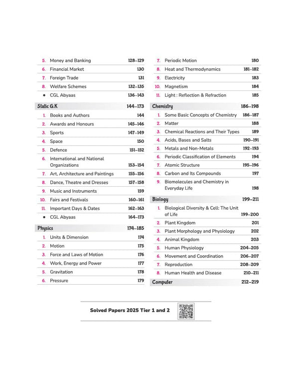 Table of Contents TOC page from Arihant SSC CGL Tier 1 and 2 General Awareness Capsule Pro Notes textbook showing a comprehensive 10-section syllabus index spanning Ancient, Medieval, and Modern History, Geography, Polity, Economics, and CGL Abyaas practice units with Solved Papers 2025