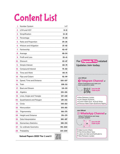 Table of Contents TOC page from Arihant SSC CGL Tier 1 and 2 Quantitative Aptitude Capsule Pro Notes textbook showing a detailed 28-chapter math curriculum index from Number System to Probability with a section for Solved Papers 2025