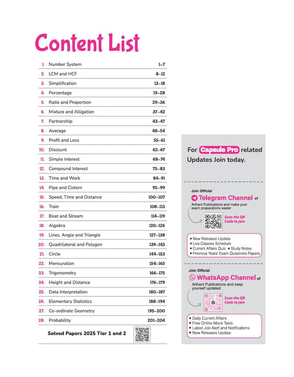 Table of Contents TOC page from Arihant SSC CGL Tier 1 and 2 Quantitative Aptitude Capsule Pro Notes textbook showing a detailed 28-chapter math curriculum index from Number System to Probability with a section for Solved Papers 2025