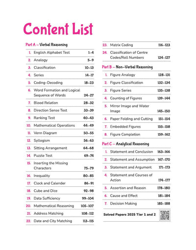 Table of Contents TOC page from Arihant SSC CGL Tier 1 and 2 General Intelligence and Reasoning Capsule Pro Notes textbook showing a complete 3-part curriculum across Verbal, Non-Verbal, and Analytical reasoning with Solved Papers 2025