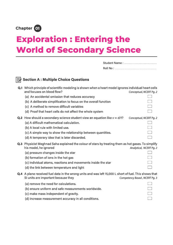 Exploration Science Workbook for CBSE Class 9 | All Types of Questions - MCQs, CBQs, A/R, Very Short, Short & Long | NCERT Page Tagging | Based on New NCERT Textbook & Latest CBSE Pattern