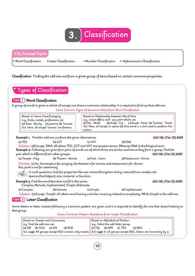 Chapter 3 Classification textbook page from Arihant SSC CGL Tier 1 and 2 General Intelligence and Reasoning Capsule Pro Notes detailing Word, Letter, Number, and Alphanumeric classification with SSC CGL Tier II 2025 question examples