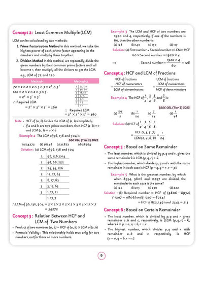 Chapter 2 HCF and LCM textbook page from Arihant SSC CGL Tier 1 and 2 Quantitative Aptitude Capsule Pro Notes showing core concept blocks for Multiple, Factor, and Common Factor alongside Prime Factorisation and Division method examples with SSC CGL Tier I 2022 questions