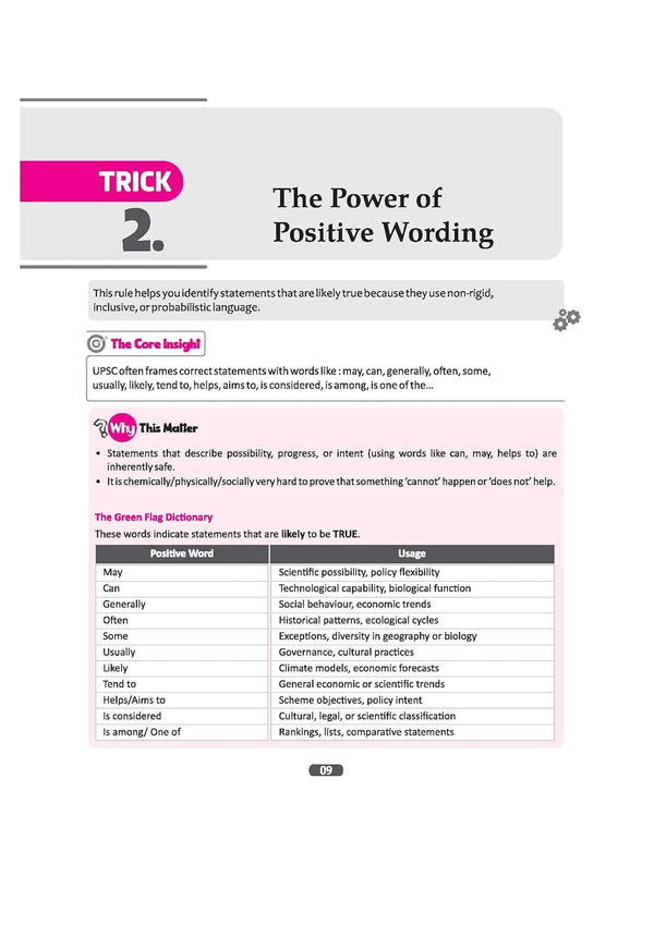 UPSC IAS Prelims Elimination Method guidebook page highlighting Trick 2: The Power of Positive Wording. Features a 'Green Flag Dictionary' mapping probabilistic words like May, Can, and Generally to their specific exam usages