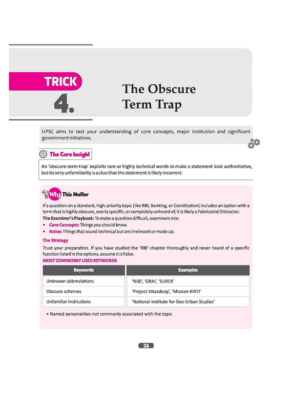 UPSC IAS Prelims Elimination Method guidebook page explaining Trick 4: The Obscure Term Trap. It details how unfamiliar terms act as fabricated distractors and provides a table of commonly used keywords like unknown abbreviations, obscure schemes, and unfamiliar institutions.