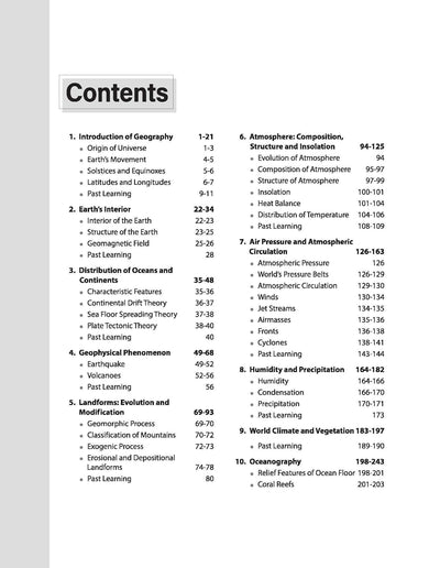 Table of Contents index page from Arihant Ignite Physical and Indian Geography question bank for UPSC and State PCS Prelims showcasing topic-wise chronological chapter tracking across geomorphology climatology and oceanography