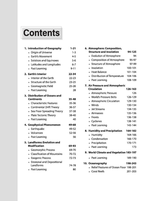 Table of Contents index page from Arihant Ignite Physical and Indian Geography question bank for UPSC and State PCS Prelims showcasing topic-wise chronological chapter tracking across geomorphology climatology and oceanography