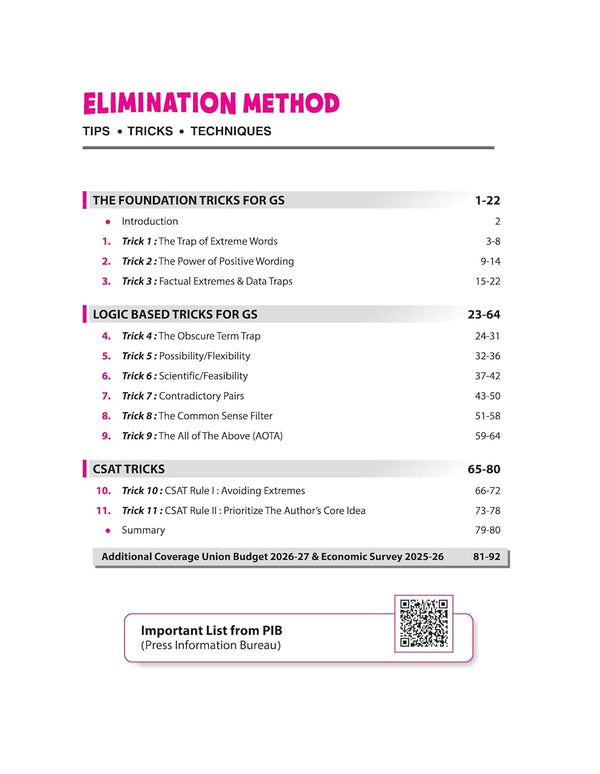 Table of Contents page from the UPSC IAS Prelims Elimination Method guidebook, listing tips, tricks, and techniques across three main sections: The Foundation Tricks for GS, Logic Based Tricks for GS, and CSAT Tricks. Includes additional coverage for the Union Budget 2026-27, Economic Survey 2025-26, and an Important List from PIB with a QR code.