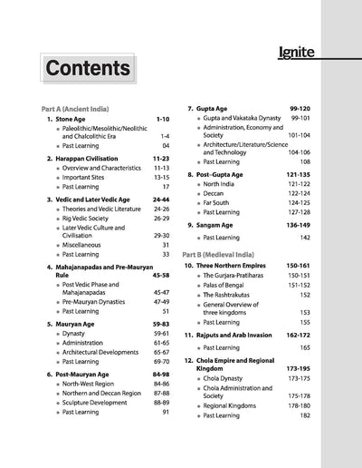 Table of Contents index page from Arihant Ignite Indian History question bank for UPSC and State PCS Prelims showcasing topic-wise chronological chapter syllabus tracking across Ancient and Medieval India