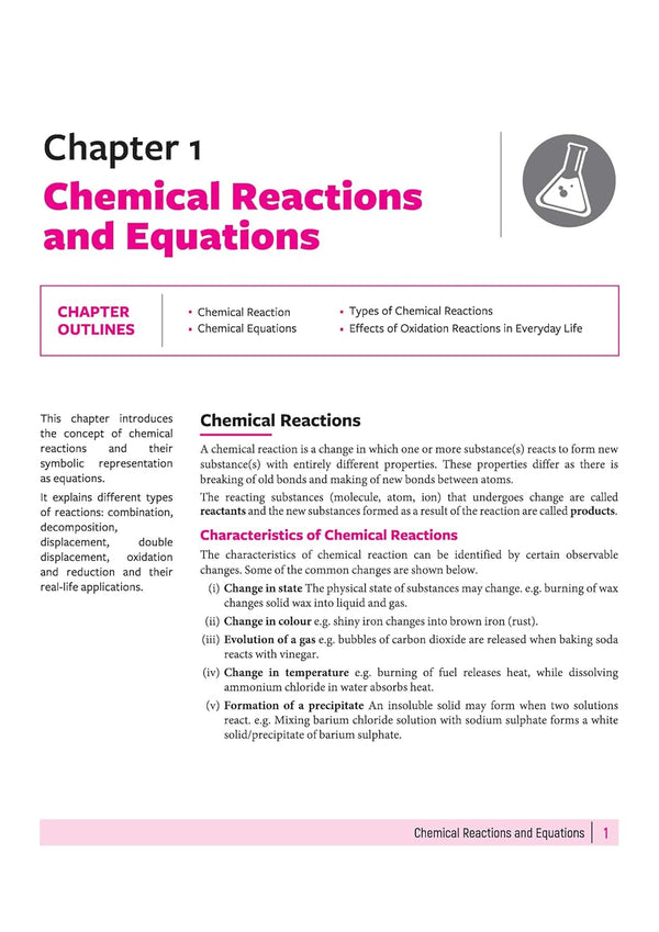 Arihant All in One Class 10 Science Chapter 1 Chemical Reactions and Equations index list covering types of reactions and effects of oxidation