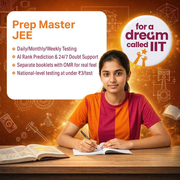 Arihant Prep Master JEE promotional graphic featuring a female student studying at a desk with textbooks, highlighting core features such as Daily Monthly Weekly Testing, AI Rank Prediction with 24/7 Doubt Support, separate booklets with OMR, and national-level testing under 3 rupees per test for a dream called IIT