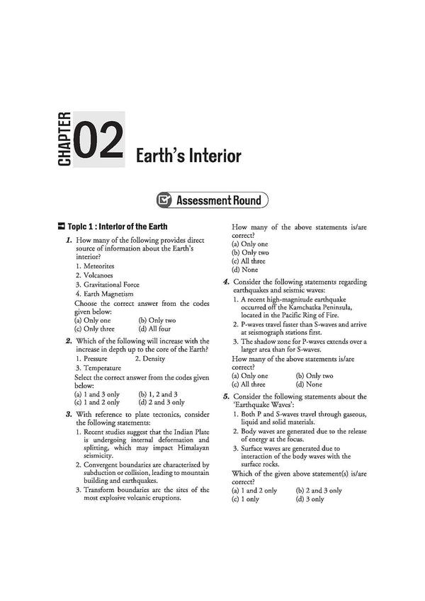 Arihant Ignite Topicwise MCQs Physical and Indian Geography Chapter 2 sample page showing Assessment Round questions on Earth Interior seismic waves plate tectonics P-waves and S-waves behavior