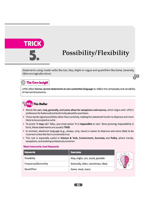 UPSC IAS Prelims Elimination Method guidebook page introducing Trick 5: Possibility/Flexibility. Explains how non-committal language signals logical robustness, featuring a table of commonly used keywords categorized by Possibility, Frequency/Generality, and Quantifiers.