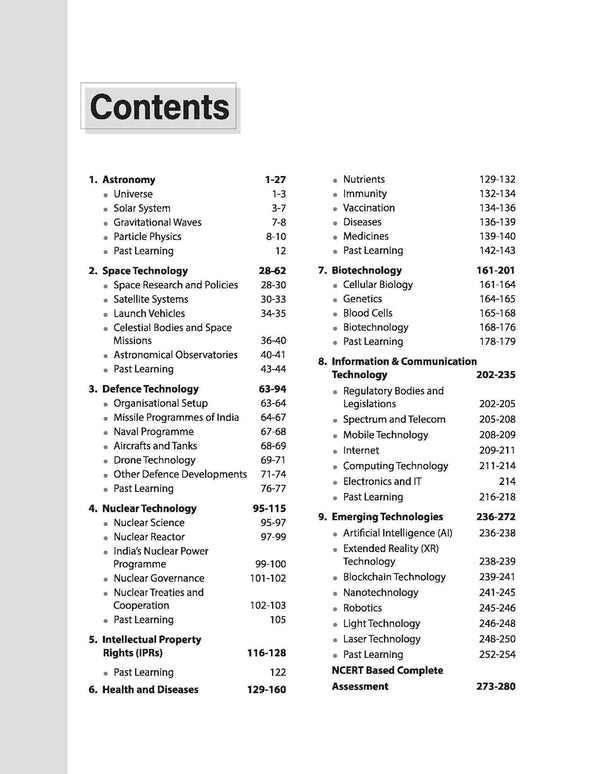 Table of Contents index page from Arihant Ignite Science and Technology question bank for UPSC and State PCS Prelims showcasing topicwise chronological chapters across space technology defense nuclear science biotechnology and emerging tech