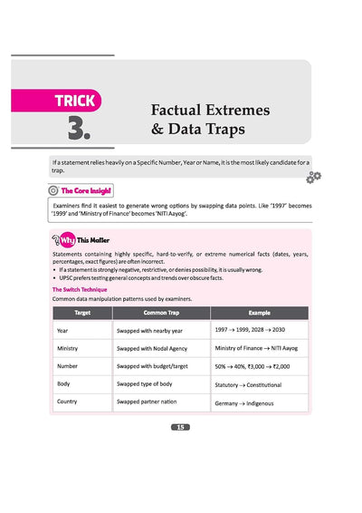 UPSC IAS Prelims Elimination Method guidebook page detailing Trick 3: Factual Extremes & Data Traps. Features 'The Switch Technique' table illustrating common examiner traps like swapping years, ministries, numbers, bodies, and countries.