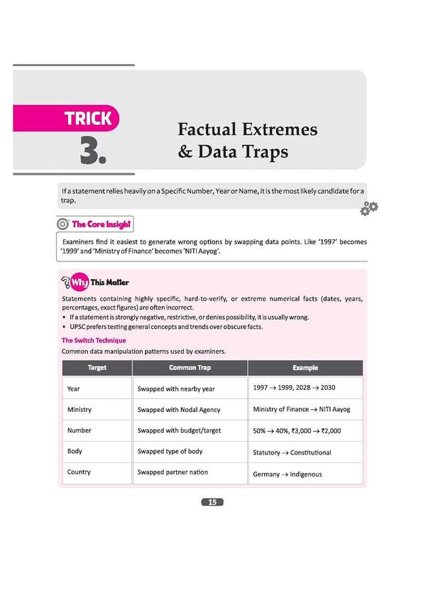 UPSC IAS Prelims Elimination Method guidebook page detailing Trick 3: Factual Extremes & Data Traps. Features 'The Switch Technique' table illustrating common examiner traps like swapping years, ministries, numbers, bodies, and countries.