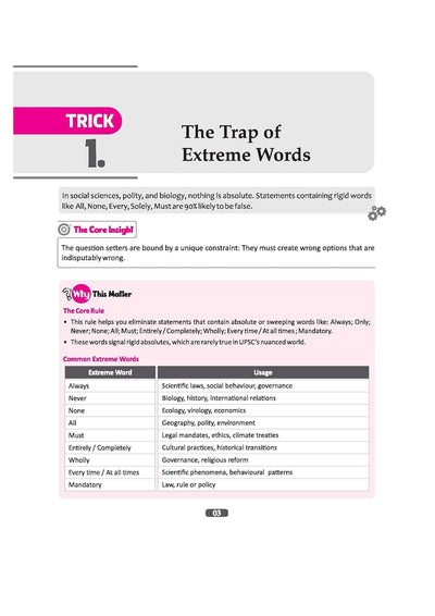 An educational page from the UPSC IAS Prelims Elimination Method guide focusing on Trick 1: The Trap of Extreme Words. It describes 'The Core Insight' behind question setting constraints and features a 'Common Extreme Words' table highlighting terms like Always, Never, None, and All alongside their typical subject-wise usages.
