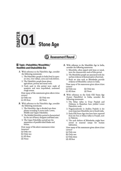 Arihant Ignite Topicwise MCQs Indian History Chapter 1 sample page showing Assessment Round questions on the Stone Age Paleolithic Mesolithic Neolithic eras Bhimbetka and Didwana sites