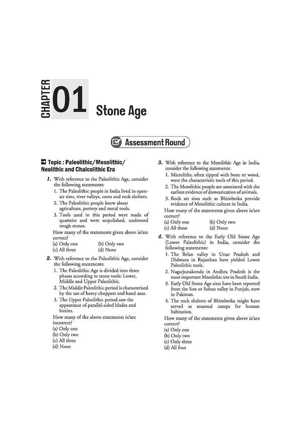 Arihant Ignite Topicwise MCQs Indian History Chapter 1 sample page showing Assessment Round questions on the Stone Age Paleolithic Mesolithic Neolithic eras Bhimbetka and Didwana sites