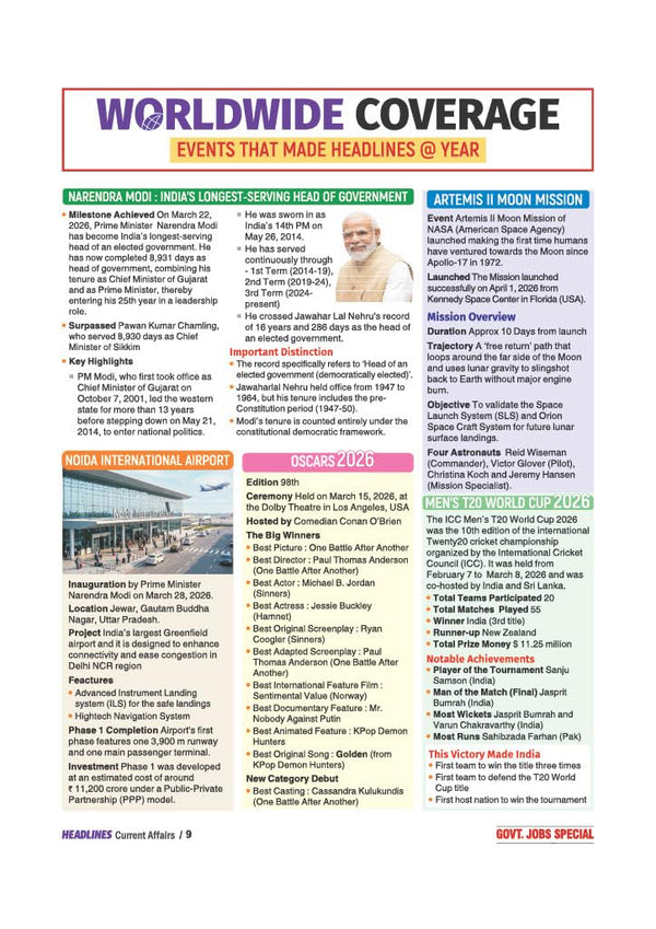 Headlines Current Affairs 2026 | Govt. Jobs Special - 360° Coverage April 2025–April 2026 | UPSC, State PCS, SSC, NDA/CDS, Railway & Police Exams | Exam Pattern Oneliners & Infographic with 10 Mock Tests