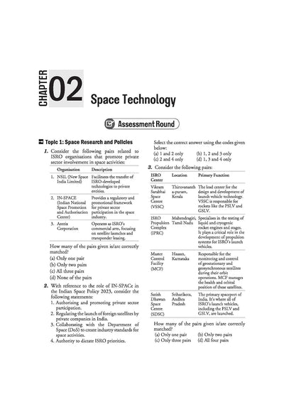 Arihant Ignite Topicwise MCQs Science and Technology Chapter 2 sample page showing Assessment Round questions on Space Technology Indian Space Policy 2023 IN-SPace NSIL and ISRO center locations