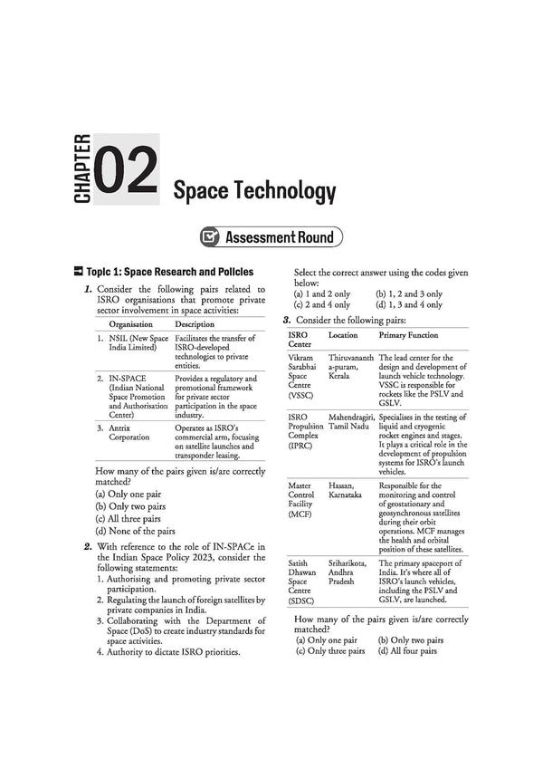 Arihant Ignite Topicwise MCQs Science and Technology Chapter 2 sample page showing Assessment Round questions on Space Technology Indian Space Policy 2023 IN-SPace NSIL and ISRO center locations
