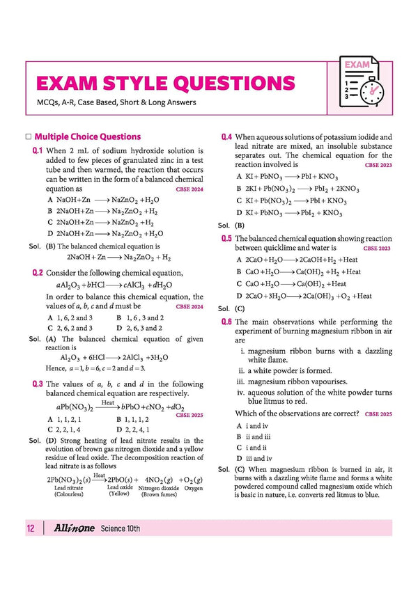Arihant All in One Class 10 Science Chapter 1 Chemical Reactions and Equations index list covering types of reactions and effects of oxidation