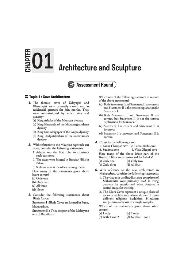 Chapter 1 Architecture and Sculpture Assessment Round sample page from Arihant Ignite Art and Culture book featuring multi-statement practice questions on Mauryan rock-cut cave architecture