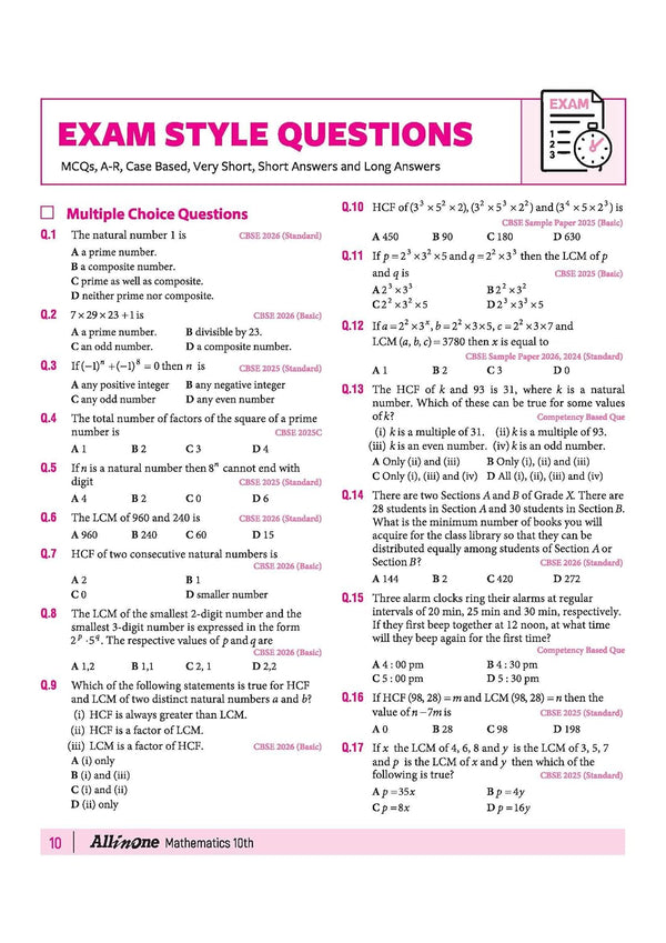 Arihant Class 10 Mathematics index listing Chapter 1 Real Numbers, Chapter 2 Polynomials, and Chapter 3 Pair of Linear Equations in Two Variables