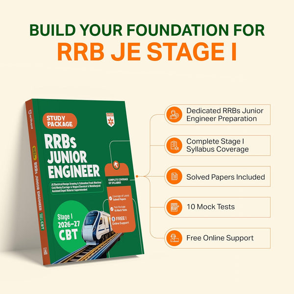 RRBs Junior Engineer (Stage I) CBT 2026–27 | Complete Syllabus Coverage with Latest Solved Papers, 10 Mock Tests | Civil, Electrical, Mechanical, Chemical, Metallurgical, Track Machine, Design Drawing & Estimation, CMA & DMS