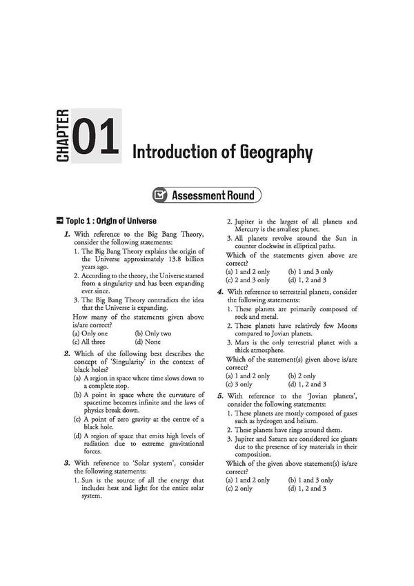Arihant Ignite Topicwise MCQs Physical and Indian Geography Chapter 1 sample page showing Assessment Round questions on the Origin of the Universe Big Bang theory singularity physics and terrestrial vs Jovian planet properties