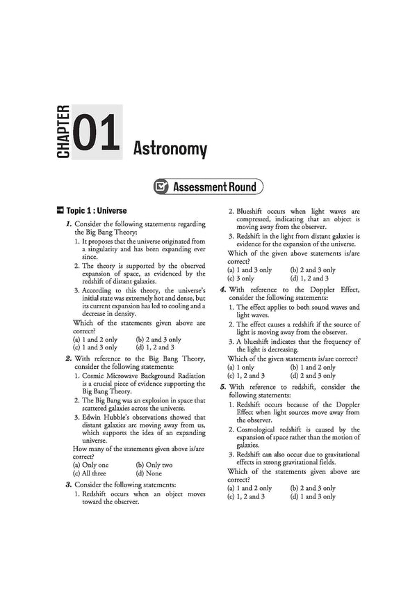 Arihant Ignite Topicwise MCQs Science and Technology Chapter 1 sample page showing Assessment Round questions on Astronomy the Big Bang Theory Cosmic Microwave Background Radiation and Doppler Effect redshift mechanics