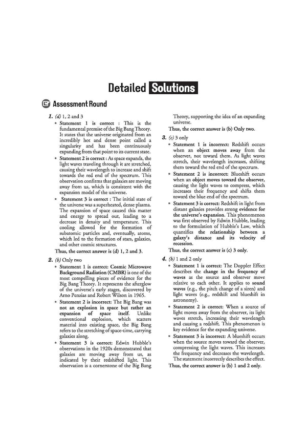 Arihant Ignite Topicwise MCQs Science and Technology Chapter 1 sample page showing Assessment Round questions on Astronomy the Big Bang Theory Cosmic Microwave Background Radiation and Doppler Effect redshift mechanics