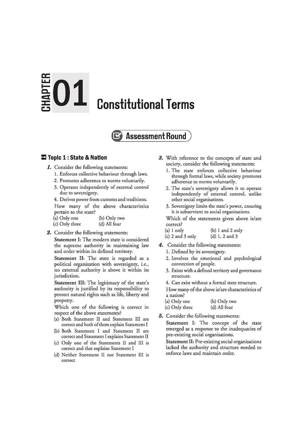 Arihant Ignite Topicwise MCQs Indian Polity Chapter 1 sample page showing Assessment Round questions on Constitutional Terms State and Nation characteristics sovereignty and political legitimacy