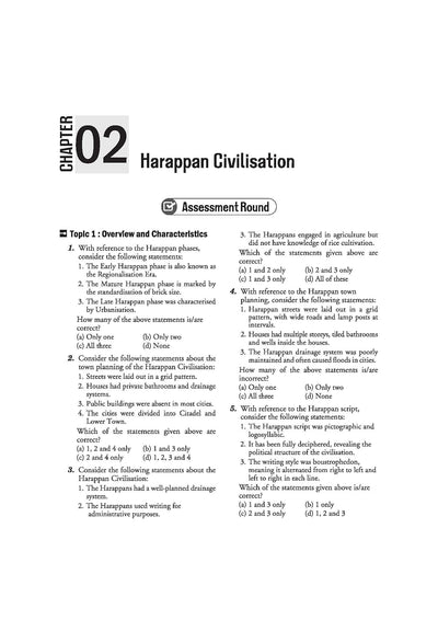 Arihant Ignite Topicwise MCQs Indian History Chapter 2 sample page showing Assessment Round questions on Harappan Civilisation urban planning phases grid patterns drainage systems script and pottery styles