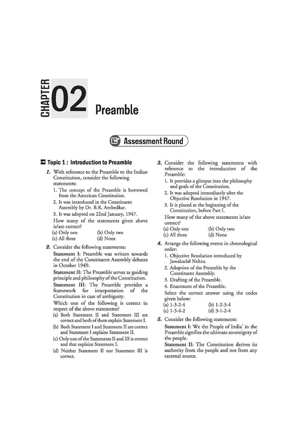 Arihant Ignite Topicwise MCQs Indian Polity Chapter 2 sample page showing Assessment Round questions on the Preamble Objective Resolution timeline and constitutional sovereignty