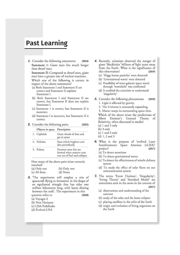 Arihant Ignite Topicwise MCQs Science and Technology Chapter 1 Past Learning Round page showing UPSC previous years questions on Cepheids Nebulae Pulsars Evolved LISA and Einstein General Theory of Relativity