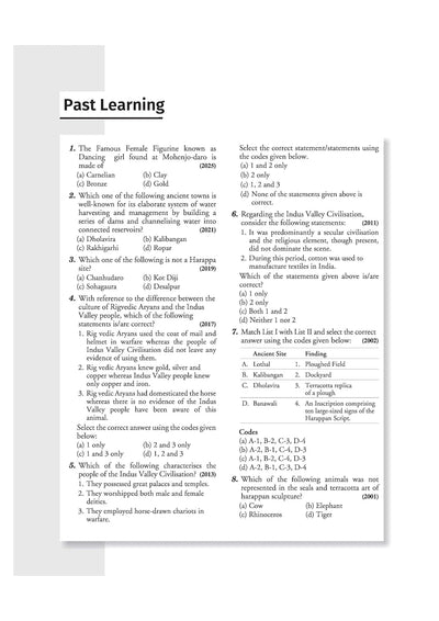 Arihant Ignite Topicwise MCQs Indian History Past Learning Round sample page tracking authentic UPSC previous years questions on Harappan artifacts Rigvedic Aryan cultural comparisons and Indus Valley archaeological findings