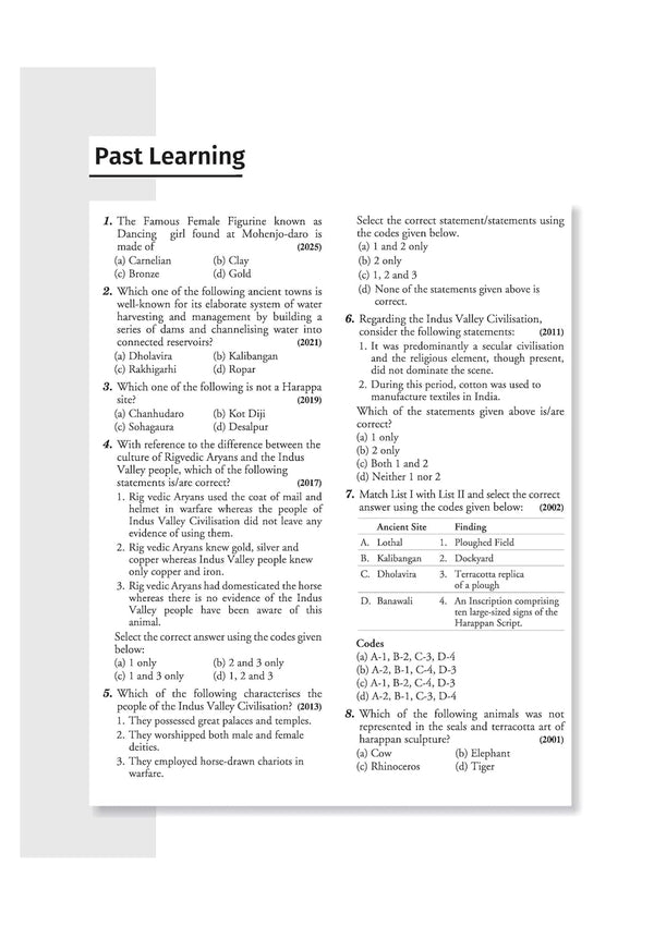 Arihant Ignite Topicwise MCQs Indian History Past Learning Round sample page tracking authentic UPSC previous years questions on Harappan artifacts Rigvedic Aryan cultural comparisons and Indus Valley archaeological findings