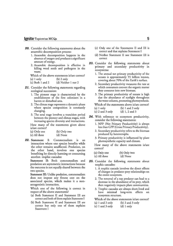 Arihant Ignite Topicwise MCQs Environment and Ecology Chapter 1 sample page showing Assessment Round questions on ecosystem services standing state ecocline gradients and decomposition processes