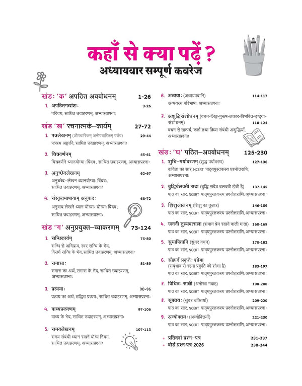 Table of contents from Arihant All in One Sanskrit Class 10 textbook showing section-wise index for Apathit Avabodhanam, Rachnatakam Karyam, Anuprayukt Vyakaran, and Shemushi Bhag 2 Patit Avabodhanam for CBSE Exam 2026-27